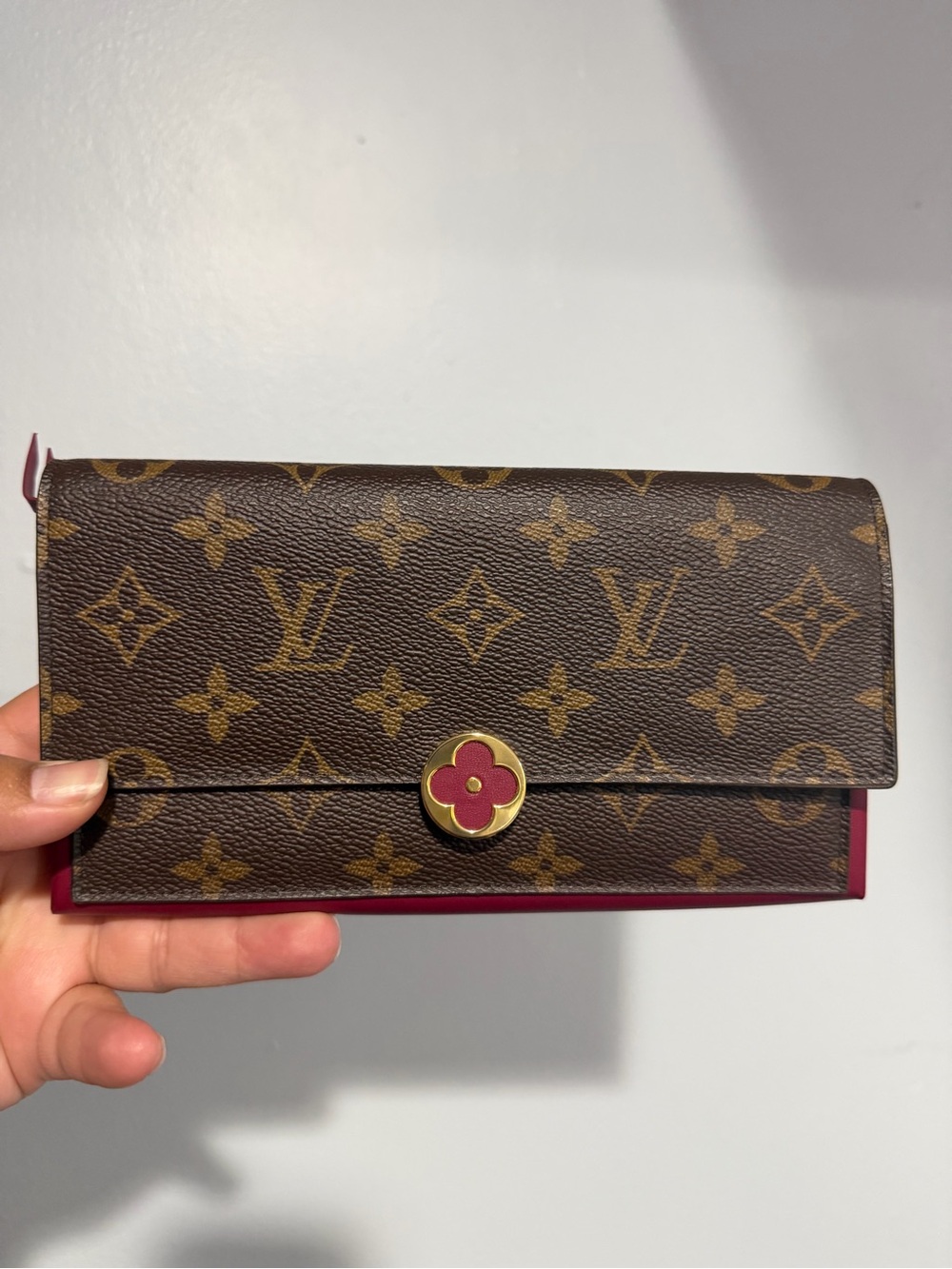 Louis Vuitton Monogram Continental Wallet with Pink Floral Button